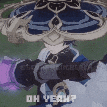 a video game character is holding a purple object and says oh yeah ?