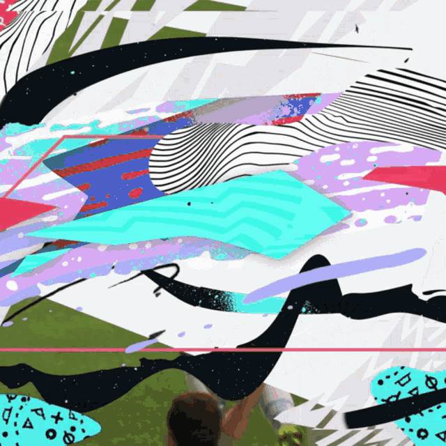 a colorful abstract painting with a person in the middle