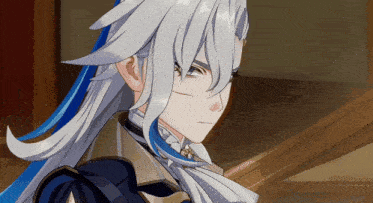 a close up of a character with long white hair