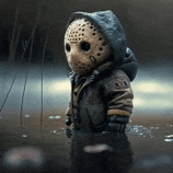 a child wearing a jason voorhees mask and a hooded jacket .