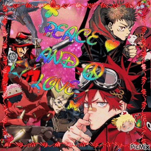 a collage of anime characters with the words peace and love on the bottom