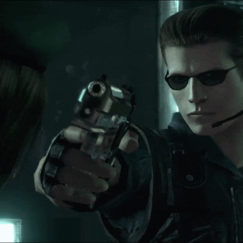 a man is holding a gun in front of a woman