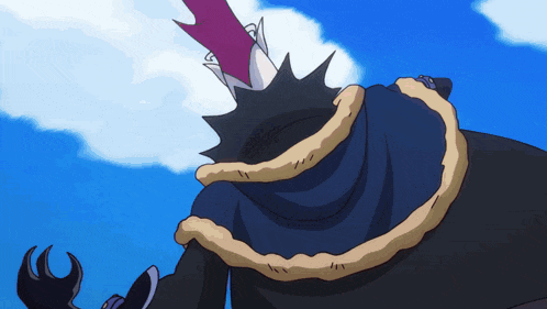 a cartoon character is wearing a black cape with a yellow border