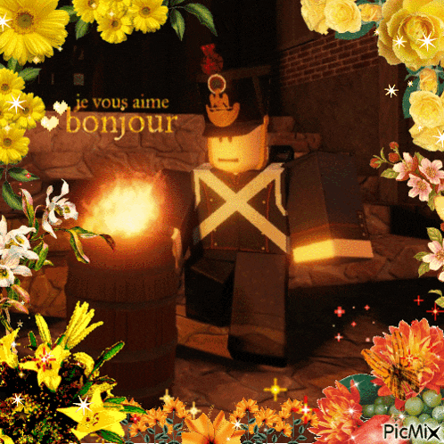 a picture of a soldier with the words je vous aime bonjour on the top