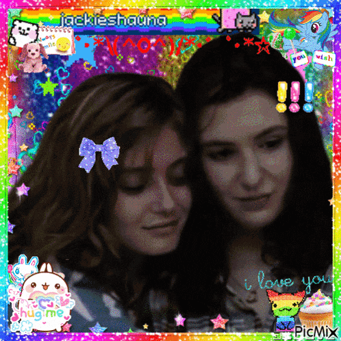 a picture of two girls with the words i love you written on it