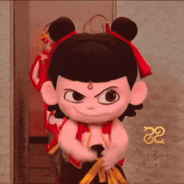 a stuffed toy of a cartoon character is standing in a room .