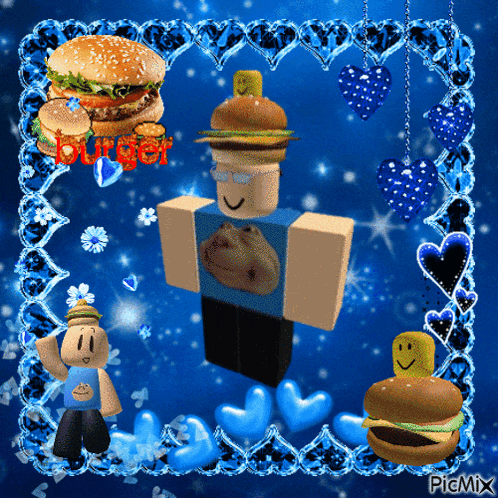 a picture of a roblox character surrounded by hearts and a hamburger with the word burger on it