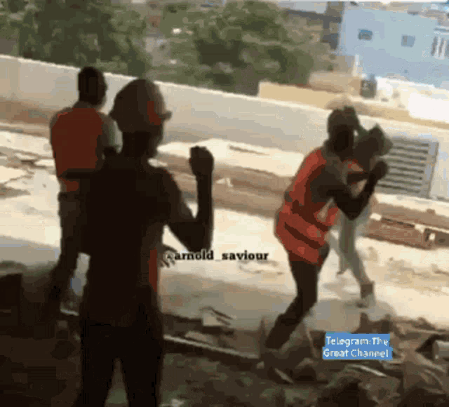 a group of construction workers are dancing in front of a sign that reads telegram the great channel