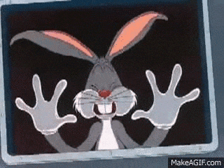 bugs bunny is making a funny face with his hands outstretched in a picture frame .