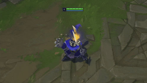 a video game character with a blue cape and a sword has the number 1 on his chest