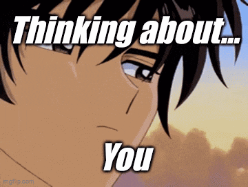 a cartoon of a boy with the words `` thinking about ... you '' written on it .