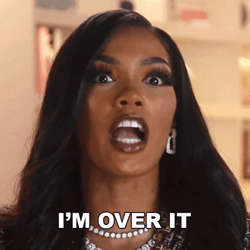 a woman with her mouth open and the words i 'm over it on her face