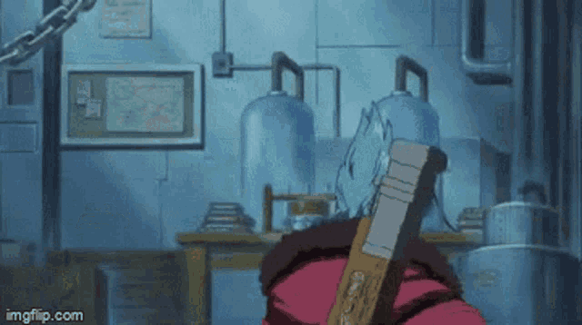a person in a red jacket is holding a sword in a room with a imgflip.com logo in the corner