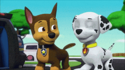 two cartoon dogs chase and marshall are standing next to each other