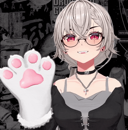 a girl wearing glasses and a choker holds up a paw