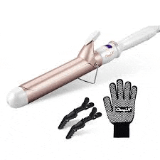 a curling iron with a pair of clips and a glove .