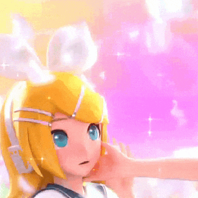 a yellow haired anime girl with blue eyes and a white bow on her head