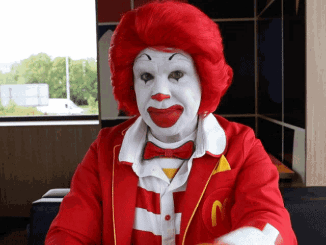a man dressed as mcdonald 's ronald mcdonald with red hair