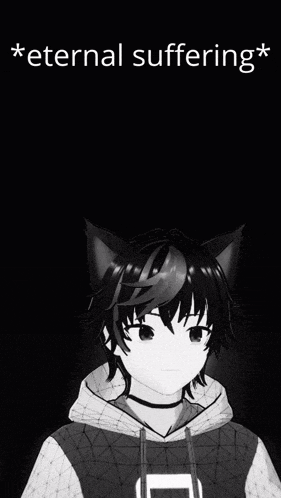 a black and white drawing of a boy with cat ears and the words * eternal suffering *