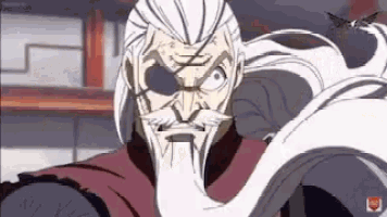 a cartoon character with long white hair and a mustache is looking at the camera .
