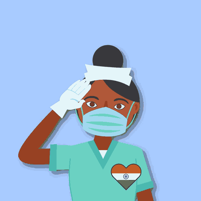 a nurse wearing a face mask and gloves salutes