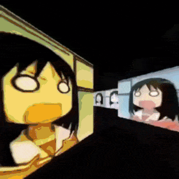 a cartoon girl with a surprised look on her face is standing in a dark room .