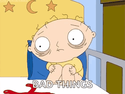 a cartoon character is sitting on a bed with the words `` bad things '' written on it .