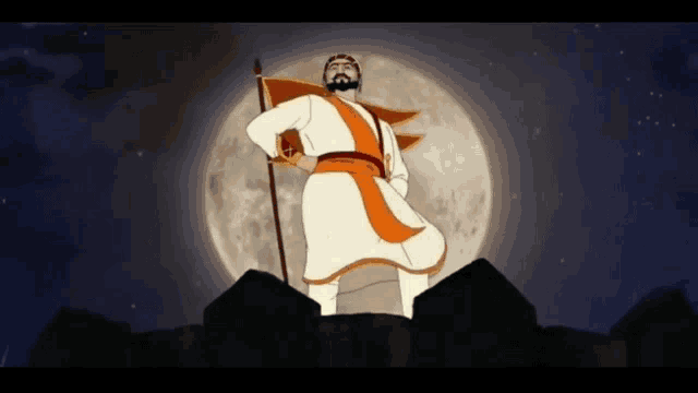 a cartoon of a man holding a flag in front of the moon