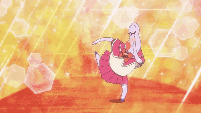 a cartoon character in a pink dress is dancing in front of a yellow background