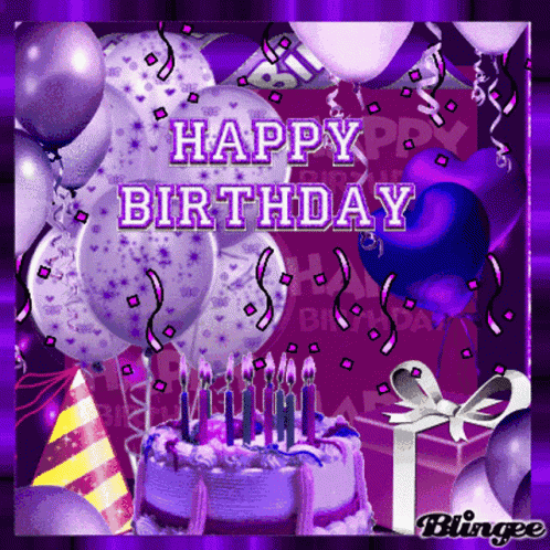 a purple birthday card with a cake and balloons and the words happy birthday