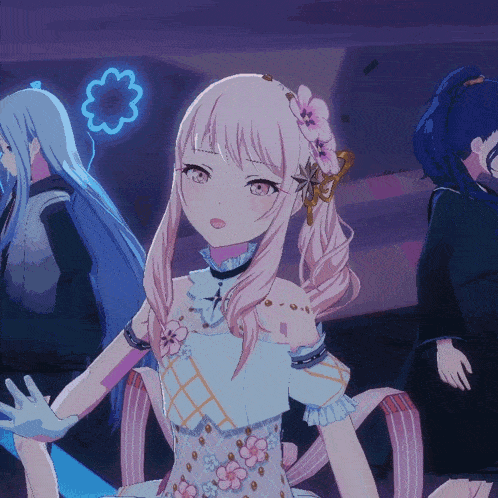 a girl with pink hair is wearing a white dress with flowers on it