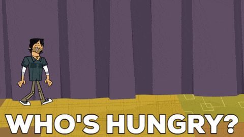 a cartoon of a man standing in front of a table with food and the words who 's hungry