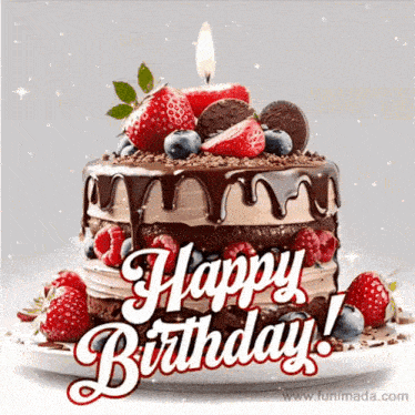 a birthday cake with strawberries and blueberries and a candle on top