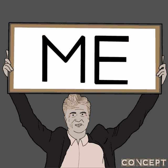 a man is holding a sign that says me