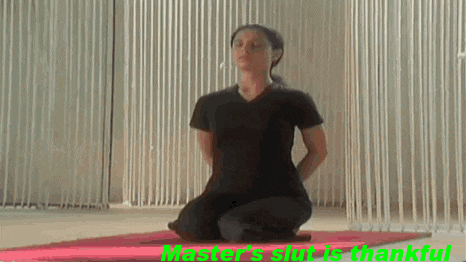 a woman is kneeling down on a yoga mat with the words master 's slut is thankful written below her
