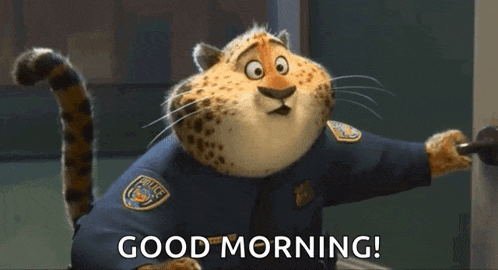 a cartoon cheetah is wearing a police uniform and says good morning .
