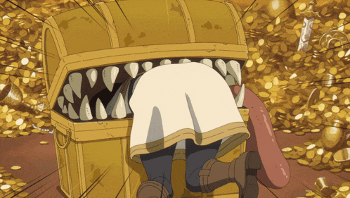 a cartoon drawing of a man looking into a treasure chest full of gold coins
