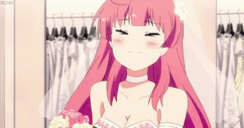 a pink haired anime girl is wearing a wedding dress and holding a bouquet of flowers .