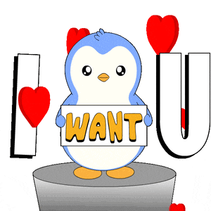 a penguin is holding a sign that says i want u