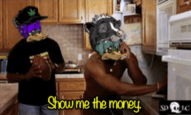 two men in a kitchen with the words show me the money written on the bottom