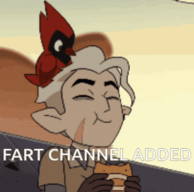 a cartoon character with a bird on his head eating a sandwich with the words " tart channel added " below him