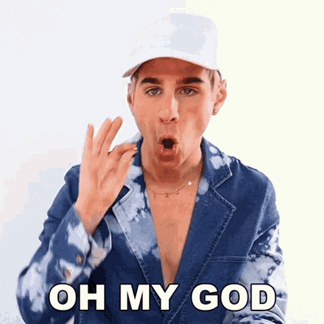 a man wearing a tie dye jacket and a white hat says " oh my god "