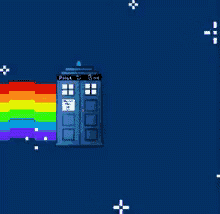 a pixel art drawing of a police box with a rainbow coming out of it