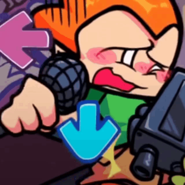 a cartoon character is holding a microphone with an arrow pointing to the right .