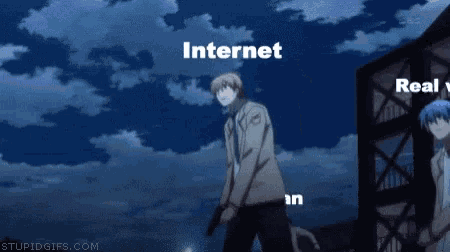 two anime characters are standing next to each other with the words internet and real world written above them