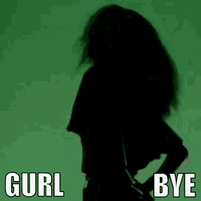 a woman is dancing in front of a green background with the words `` curl bye '' written in white letters .