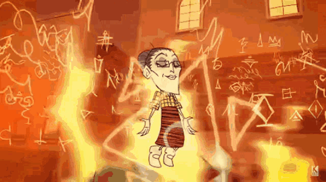a cartoon of a woman standing in front of a wall with graffiti on it