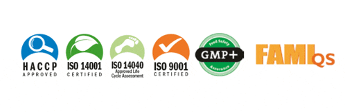 a row of logos including haccp iso 14001 iso 9001 and gmp+