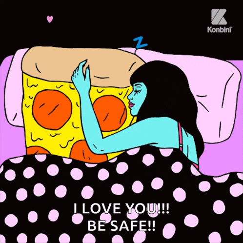 a cartoon of a woman sleeping with a slice of pizza on her head