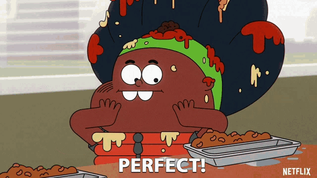 a cartoon character is sitting at a table with a tray of food and the words perfect written below him